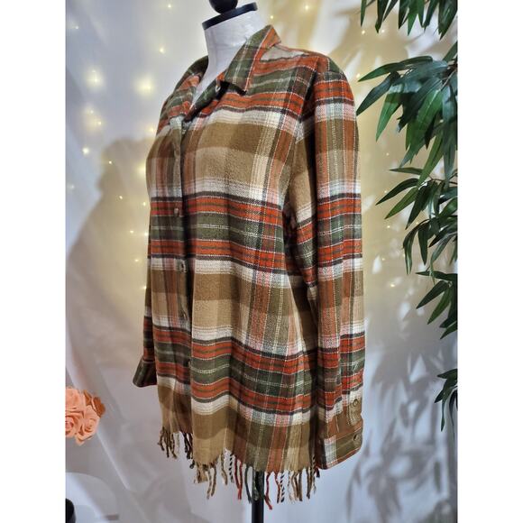 Vtg Easy Spirit Wool Blend Plaid Fringe Button Southwestern Shacket Womens Sz L - Picture 2 of 9